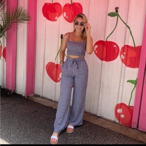 Navy blue and white gingham crop top and wide leg pants set